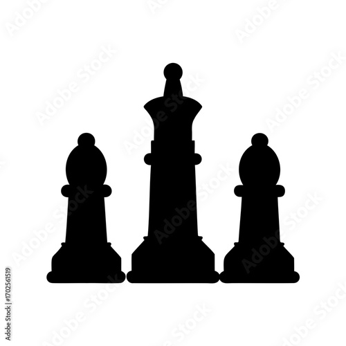 A black silhouette of chess pieces on a white background composition