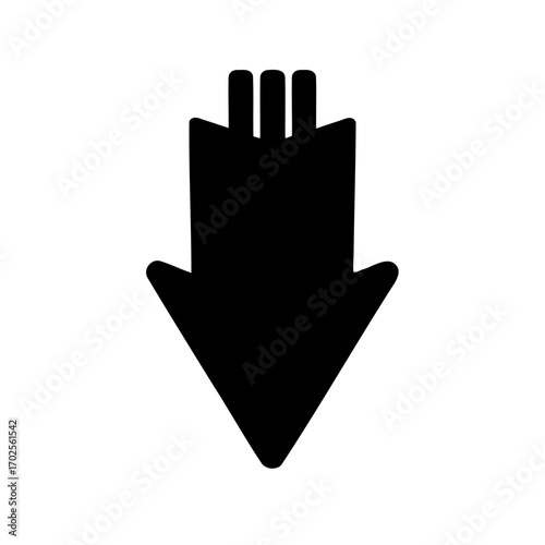 Stylized downwards pointing arrow with three small vertical lines atop it