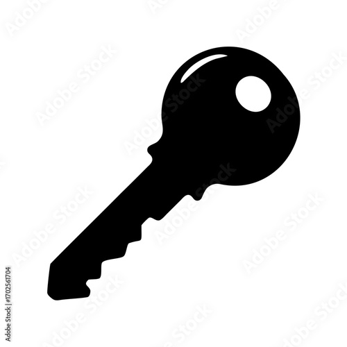 A symbolic, black key on a white background signifying access and security