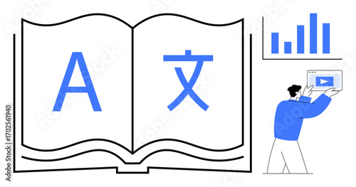 Open book with large multilingual characters, bar chart, person holding tablet, and play button. Ideal for online education, e-learning, language skills, study tools, knowledge sharing data