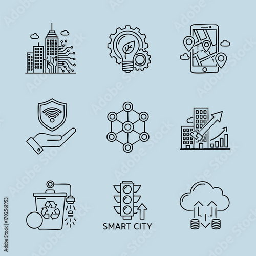 Set of nine black line icons representing smart city technology, sustainability, connectivity, and data management concepts