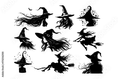 Silhouettes of witches wearing pointed hats with long flowing hair in different poses on white background, concept of Halloween and fantasy magic