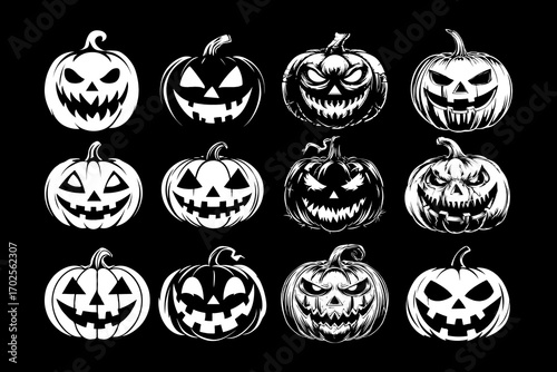 Twelve spooky Halloween pumpkin faces with carved expressions, monochrome graphic style, on black background, concept of Halloween horror