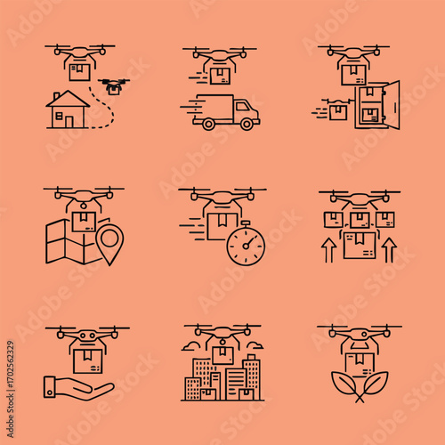 Set of nine line icons depicting drones delivering packages with various logistics and delivery concepts on orange background