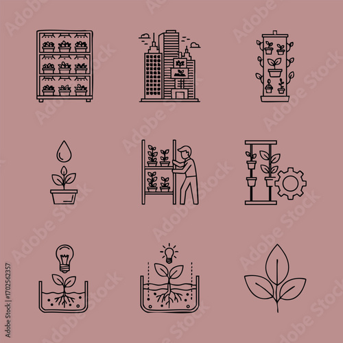 Line art icons representing urban vertical farming, plant growth, and sustainable agriculture with technology integration