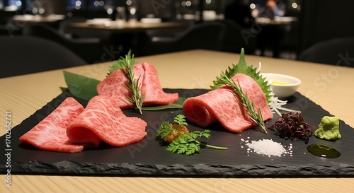 Premium Wagyu Beef Slices with Garnishes on a Slate Platter.