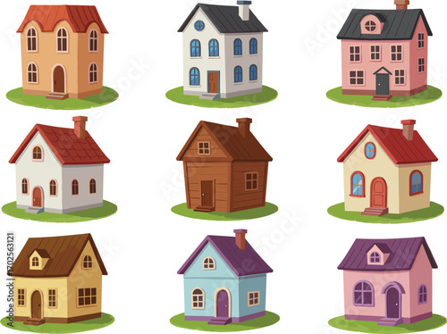 PrintCartoon Vector Set of Cute Colorful Houses – Whimsical Small Homes for Storybook Design, Children Illustration, or Game Backgrounds