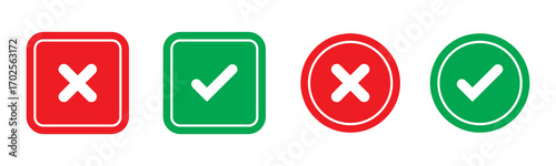 Green tick and red cross checkmarks. Right or wrong icons. Checkmark and x mark icon for apps and