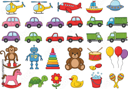 PrintCartoon toys, vehicles, animals, robots, and objects for kids, preschool learning, playful design, educational illustration, baby playtime, toddler graphics, colorful vector set
