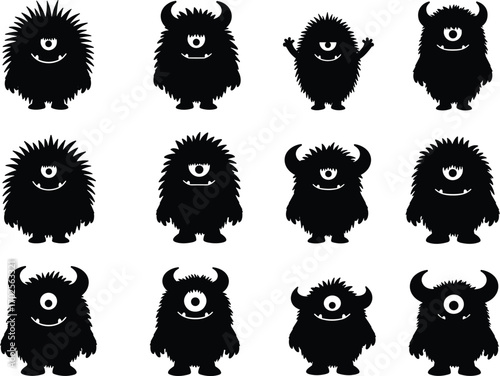 Cute monster silhouette set, black cartoon monsters, one-eyed creatures, funny monster clipart, spooky character design, Halloween graphic illustration