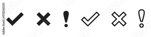 Check box icon. right and wrong buttons. yes or no checkmark icons. exclamation mark information icon. check mark icon button set. In green tick box and red cross.