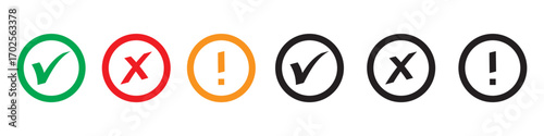 Check box icon. right and wrong buttons. yes or no checkmark icons. exclamation mark information icon. check mark icon button set. In green tick box and red cross.