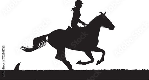 Silhouette of a woman riding a horse in a gallop with a fence in the foreground on a white background