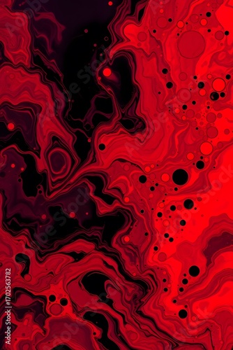 Abstract art featuring swirling patterns of red and black with scattered circles and dots design