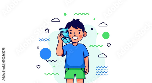 Joyful Boy Imagines Using a Water Bottle as a Phone in a Vibrant Playful Illustration
