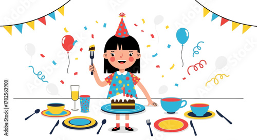 Joyful Celebration: A Young Girl's Birthday Party with Festive Decorations and Delicious Cake