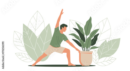 Man Practicing Yoga Pose with Houseplant in Relaxing Green Color Scheme Illustration