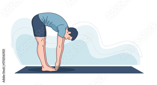 Man Practicing Yoga, Performing Standing Forward Bend Pose, Healthy Body Movement