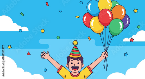 Joyful Celebration Depiction: Happy Child With Balloons And Festive Confetti Sky