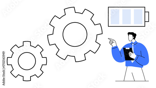 Professional reviewing large gears and battery icon to analyze energy efficiency, workflow, and productivity. Ideal for engineering, energy management, innovation, technology, process optimization