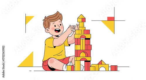 Joyful Child Building Amazing Tower With Colorful Wooden Blocks In Playtime