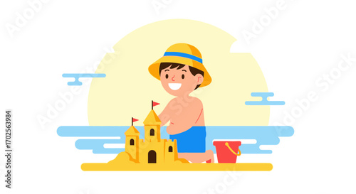 Joyful Child Building Sandcastle At The Beach Under The Summer Sun