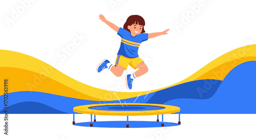 Joyful Child Bouncing High On A Trampoline Against A Blue And Yellow Backdrop
