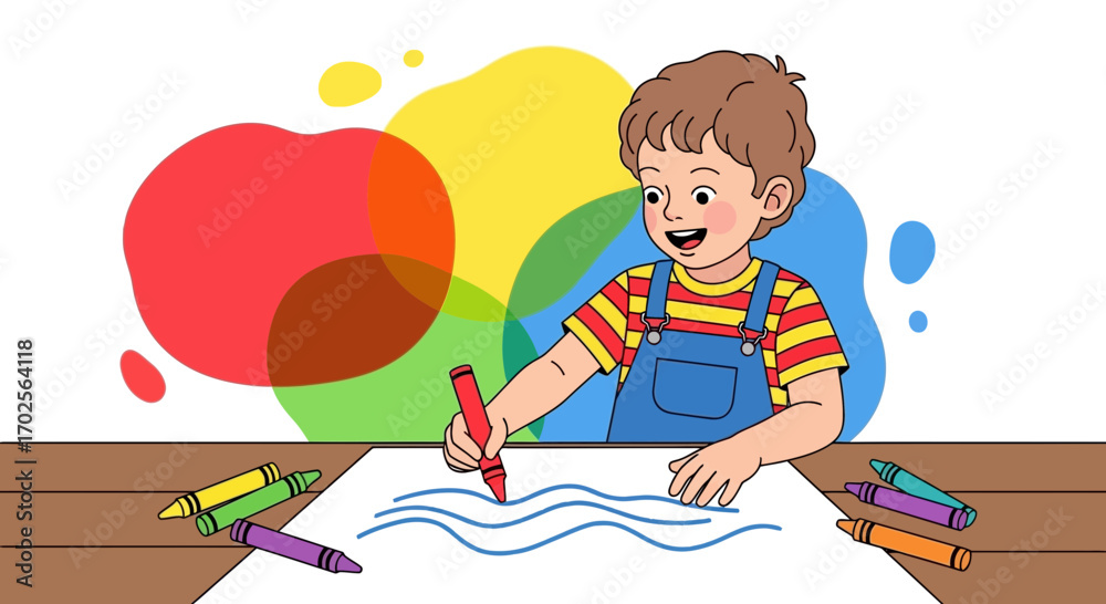 Fototapeta premium Joyful Child Creatively Drawing With Crayons on Paper, Artistic Activities and Playtime