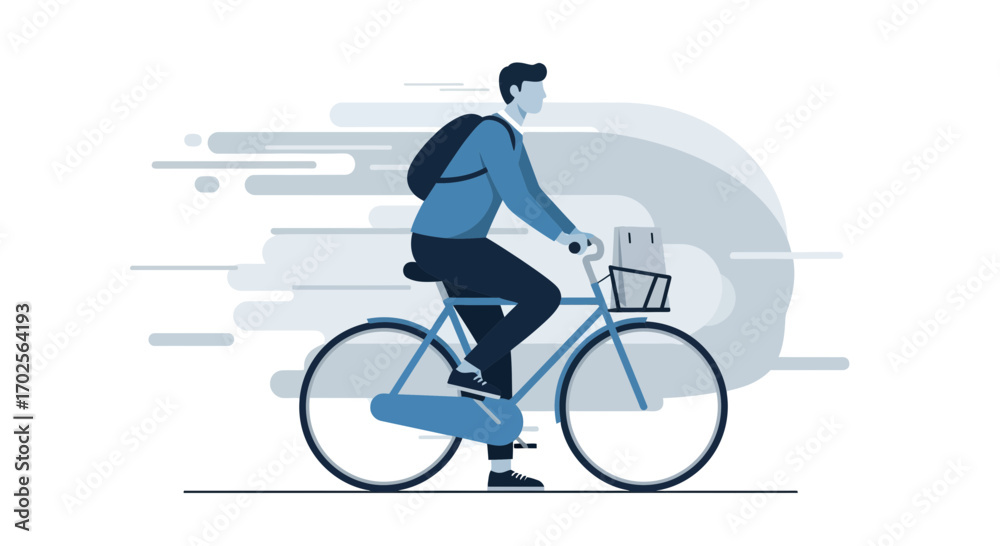 Fototapeta premium Man Riding Bike With Backpack Across White Background in Modern Graphic Style