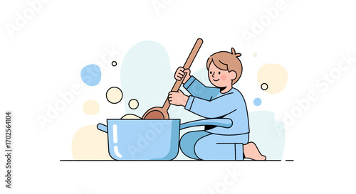 Joyful Child Cooking Meal Illustration Depicting Kitchen Activities, Happy and Healthy