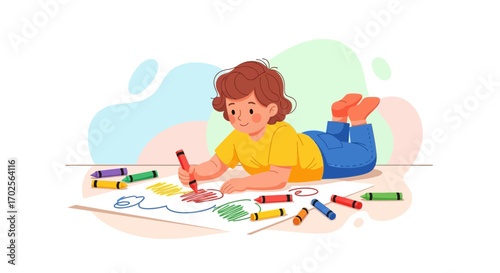 Joyful Child Creating Artwork Using Crayons While Lying Down, Focusing Creativity