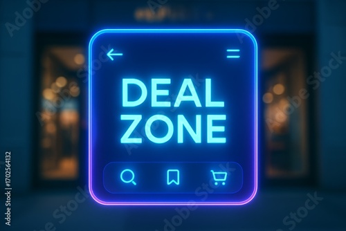 Neon sign deal zone glowing futuristic interface shopping concept bright colors modern digital promotion style commercial advertising ecommerce background
