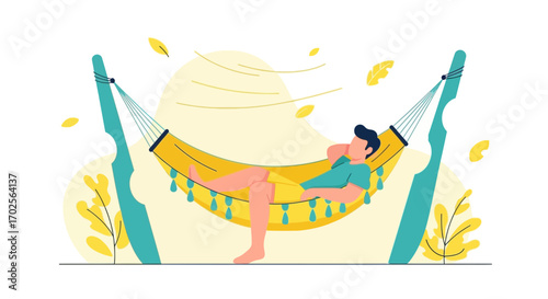 Man Relaxing In A Hammock During A Peaceful Day With Gentle Breeze, Simple Illustration