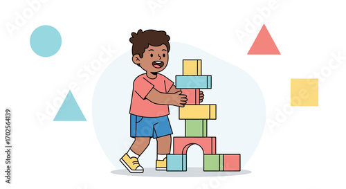 Joyful Child Constructing Tower With Colorful Blocks Embracing Playful Creation and Learning