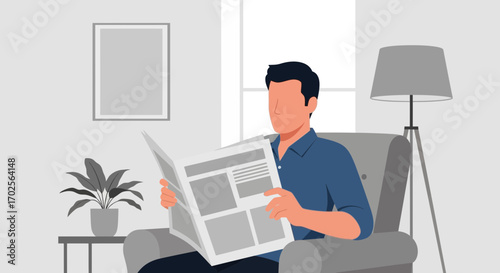 Man Relaxing While Reading Newspaper In The Comforts Of His Cozy Living Room