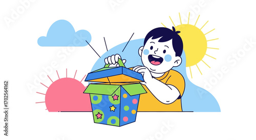 Joyful Child Discovering A Surprise In A Decorated Box Under The Sunny Sky