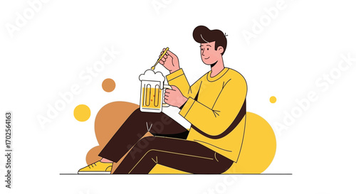 Man Relaxing With Beer, Enjoying Leisure Time Sitting On The Ground Vector Illustration