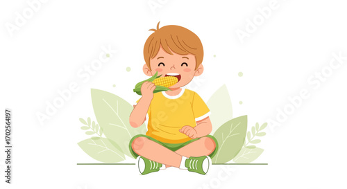 Joyful Child Enjoying Corn On The Cob Amongst Soft Green Leaves and Delightful Smiles