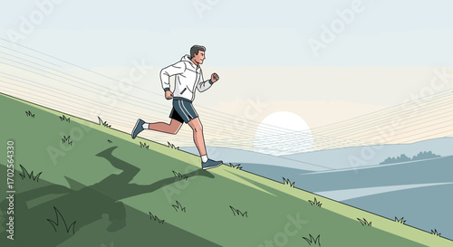 Man Running Uphill Against Sun, Representing Endurance, Sport and Healthy Lifestyle