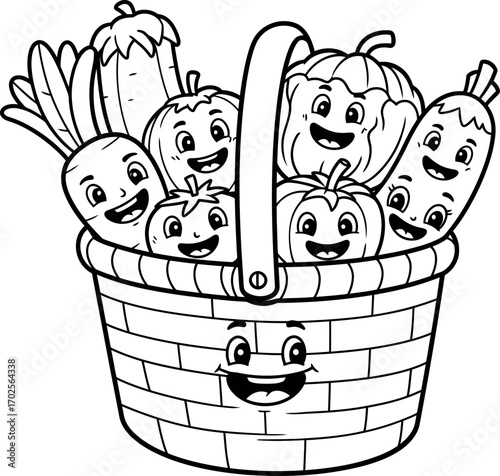 A cartoon basket full of smiling vegetables including tomatoes carrots and pumpkins colouring page style
