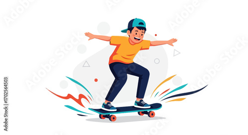 Joyful Child On A Skateboard Demonstrates Balance And Recreational Movement Skills