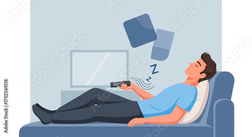 Man Sleeping Comfortably On Sofa While Watching TV Ready For Deep Relaxation After Work
