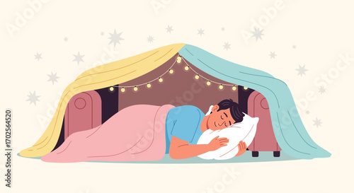 Man Snoozing Under Cozy Blanket in Animated Illustration of Creative Homemade Shelter