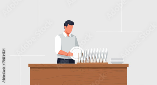 Man Sorting Clean Dishes Into a Plate Rack after Doing the Washing Up Chore