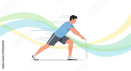 Man Stretching Before Start Athletic Performance, Colored Background And Lines