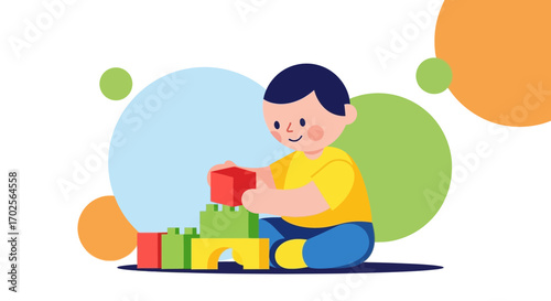 Joyful Child Playing With Colorful Blocks And Constructing Structures in Vibrant Illustration