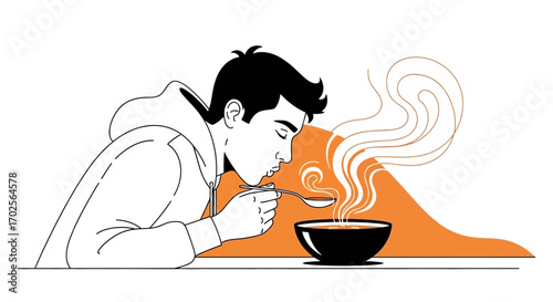 Man Tasting Soup, Capturing Aroma And Enjoying The Savor, Simple Illustration Style Only