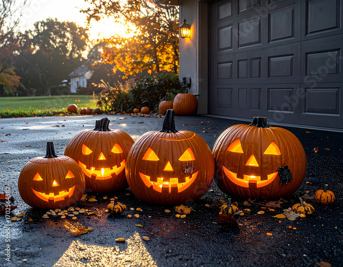 Halloween Jack-o'-lanterns Suburban Driveway Evening Candle Glow