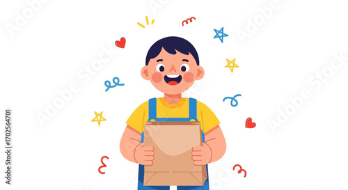 Joyful Child Receiving a Gift Bag with Celebratory Decorations and Expressions