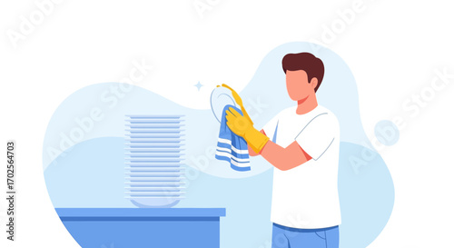 Man Wearing Yellow Gloves Washing Dishes In A Kitchen Ready For Family Meal Time